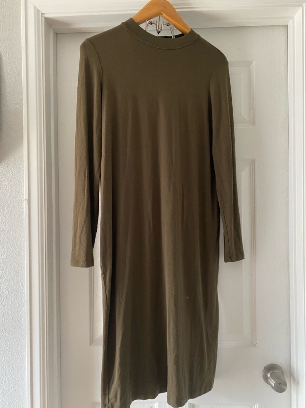 Eileen Fisher stretch jersey mock turtleneck dress olive green size small